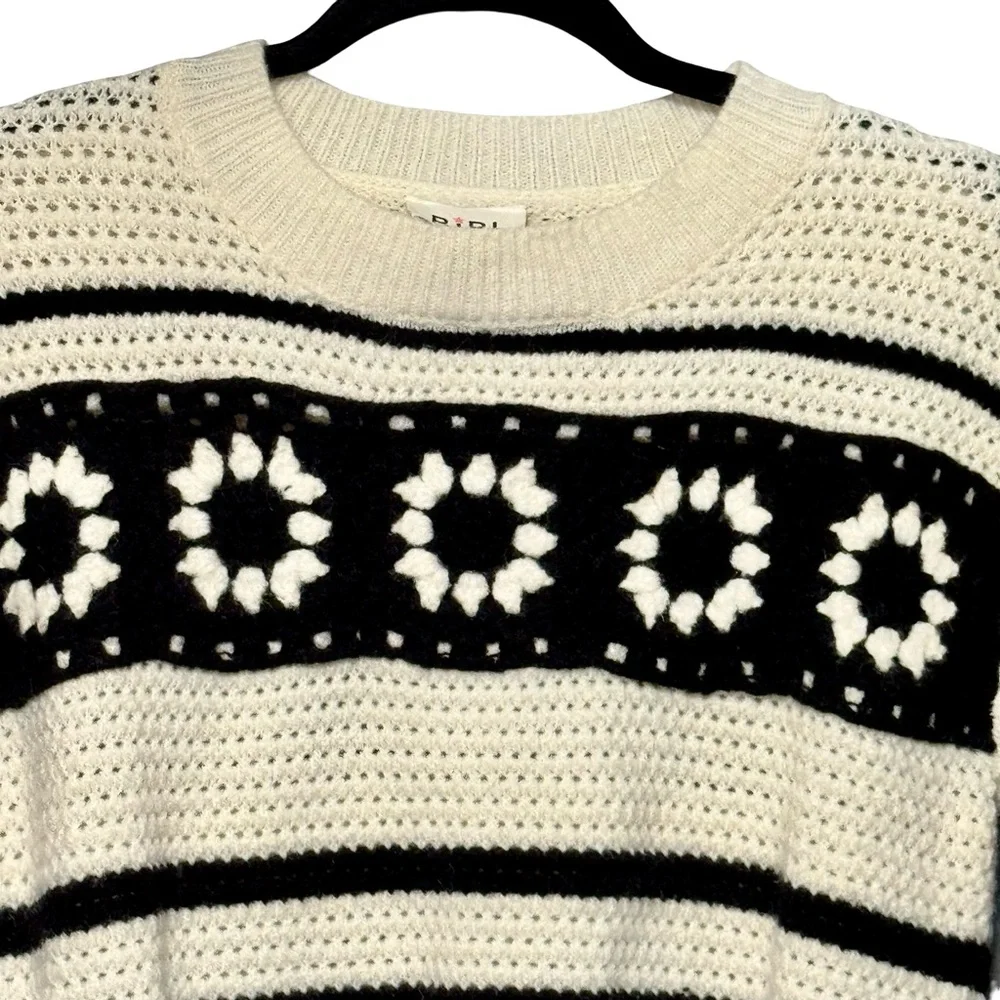 BIBI Floral Crochet Ruffle Flutter Sleeve Striped Cottagecore Sweater Blouse Top - Picture 3 of 11